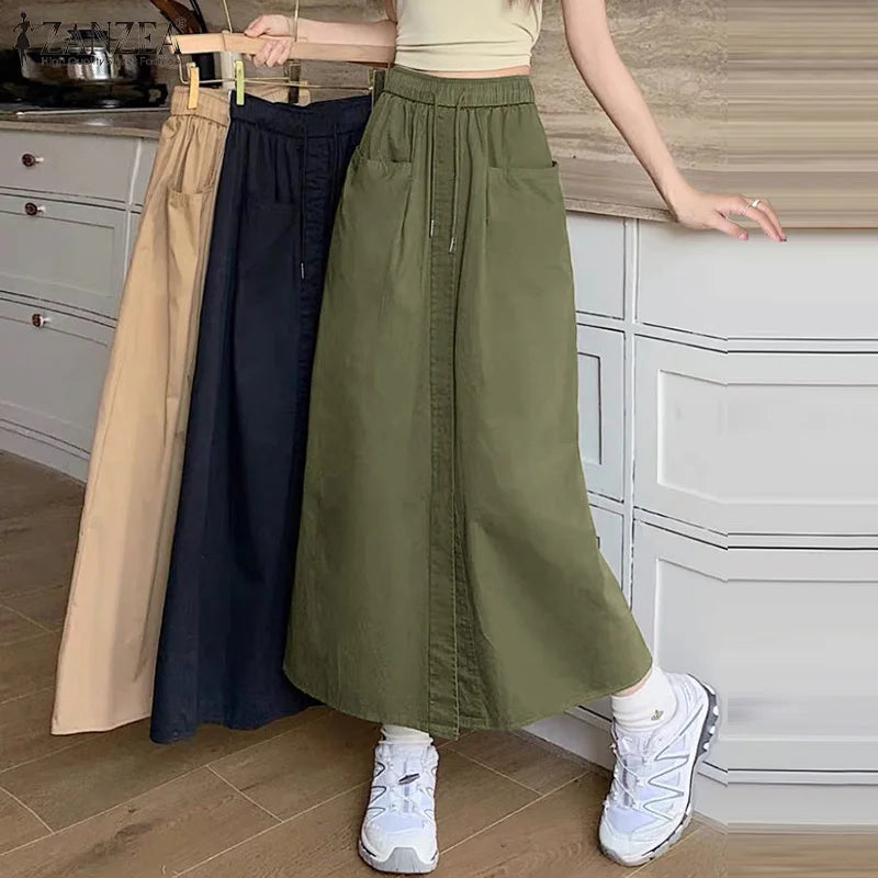 ZANZEA Fashion Women Autumn High Waist Skirts Solid Long Jupes Elegant OL Work Faldas Saia Stylish Holiday Midi Skirt Streetwear