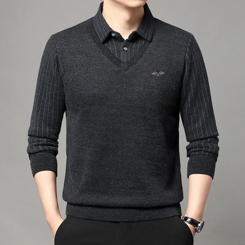 Designer Quality Men's Lapel Fake Two-Piece Long Sleeve T-Shirt Winter New Bee Print Plush Thickening Sweater Business Menswear