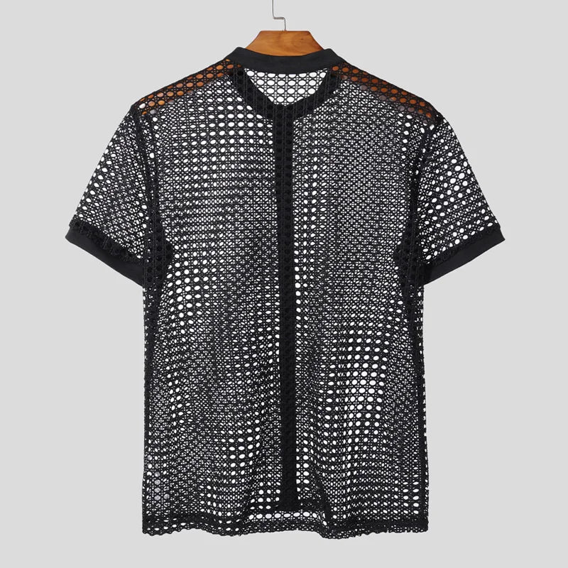 INCERUN Men Shirt Mesh See Through Hollow Out O-neck Short Sleeve Men Clothing Streetwear Summer 2025 Loose Fashion Male Tops