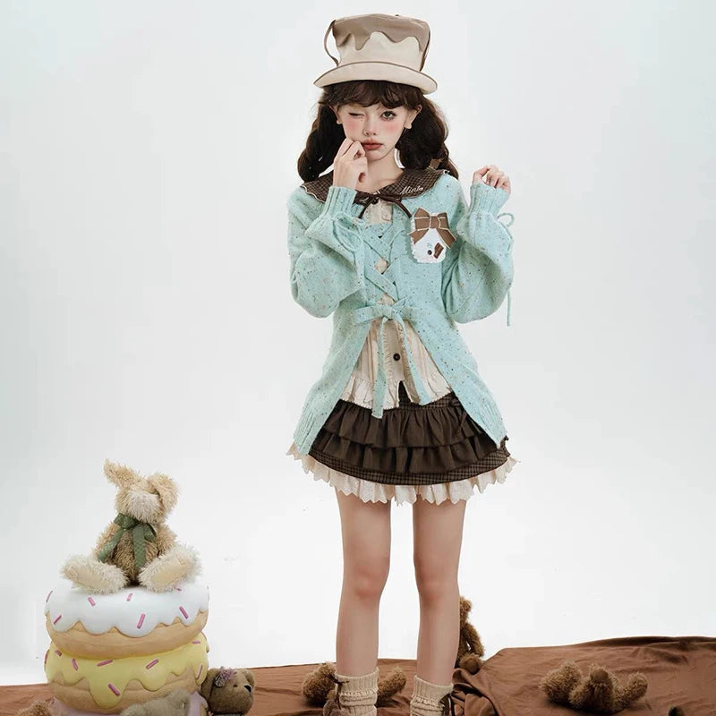 Japanese Sweet Lolita Mini knitting Skirts Women Y2K Harajuku Lace Patchwork Bow Cake Skirt High Waist Fashion A Line Skirts