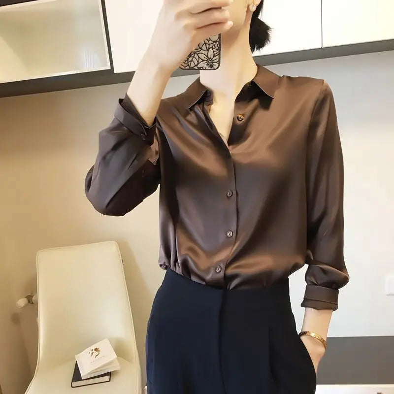Spring Summer Casual Women's Satin Shirt Lapel Long Sleeve Blouse Loose Solid Color Office Lady Fashion Shirts Top