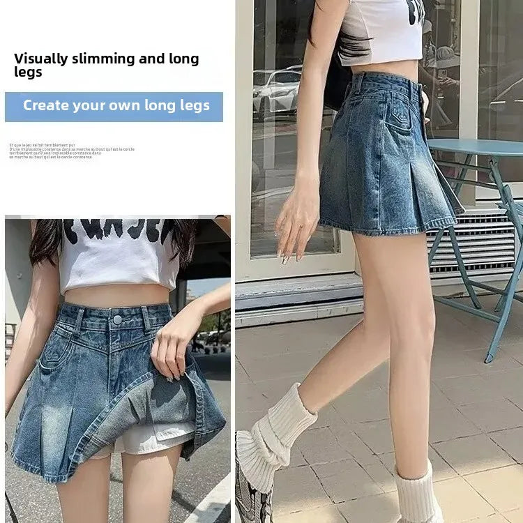 Fashionable High Waist A- Line Mini Skirt Women's Summer New Style American Retro Denim Skirts Cotton Slimming Pleated Skirts