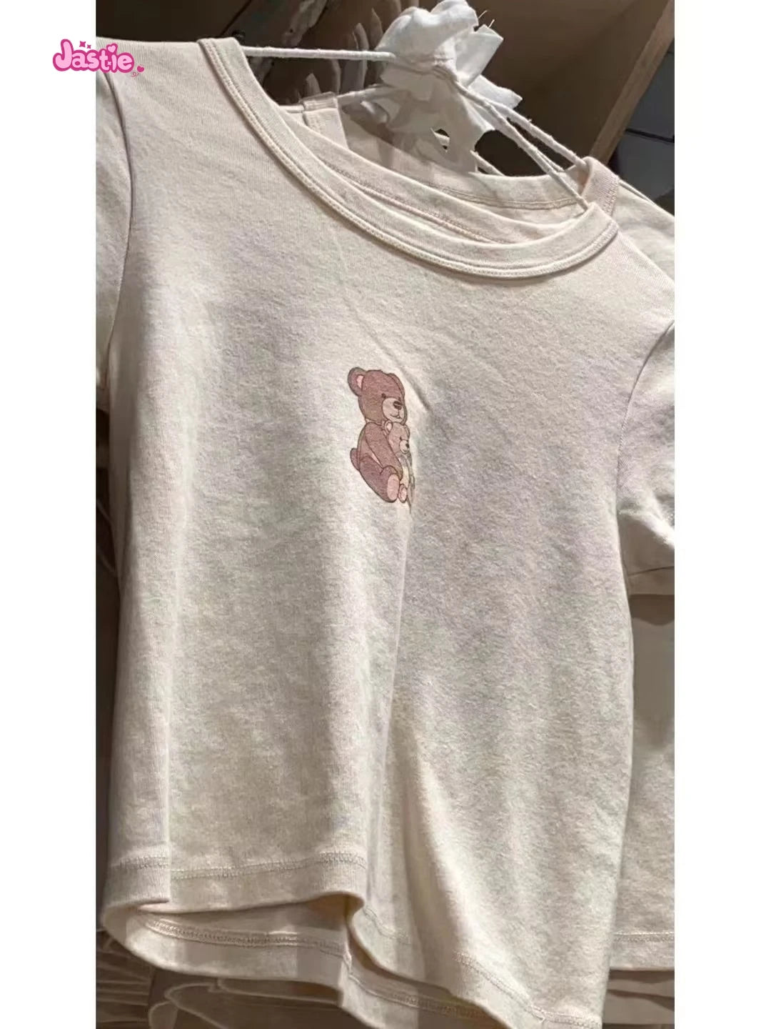 Cartoon Print Beige T-shirts Women 2024 Summer Streetwear Round Neck Short Sleeve T Shirt Female Vintage Chic Y2k Crop Top