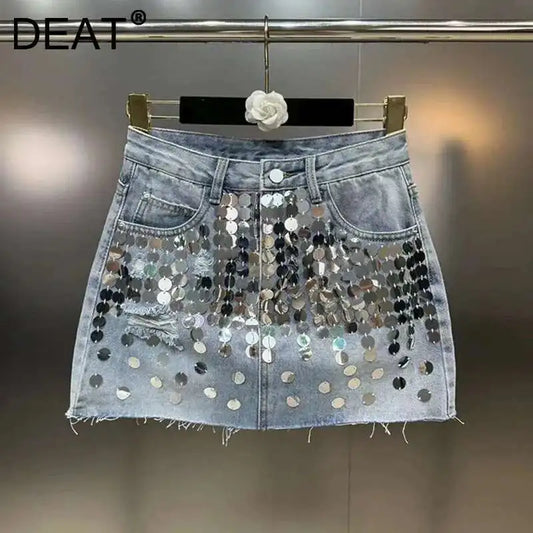 DEAT Sequins Decoration Denim Skirts For Women 2024 Summer New Items High Waist Wrap Hip Skirt Female Trendy Fashion 29L7154