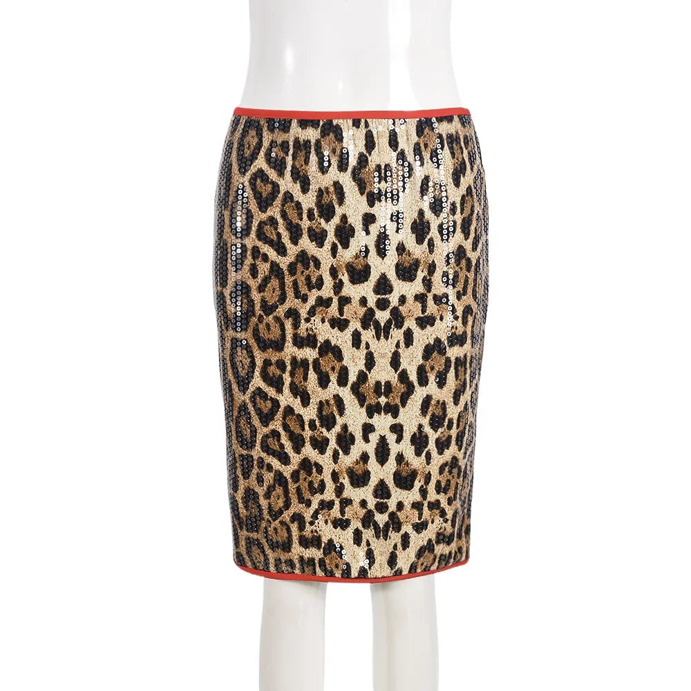CMYAYA High Waist Women's Midi Skirt Leopard Sequined Sweet Slim Sexy Casual Elastic 2025 Spring Street Night Skirts Vacation