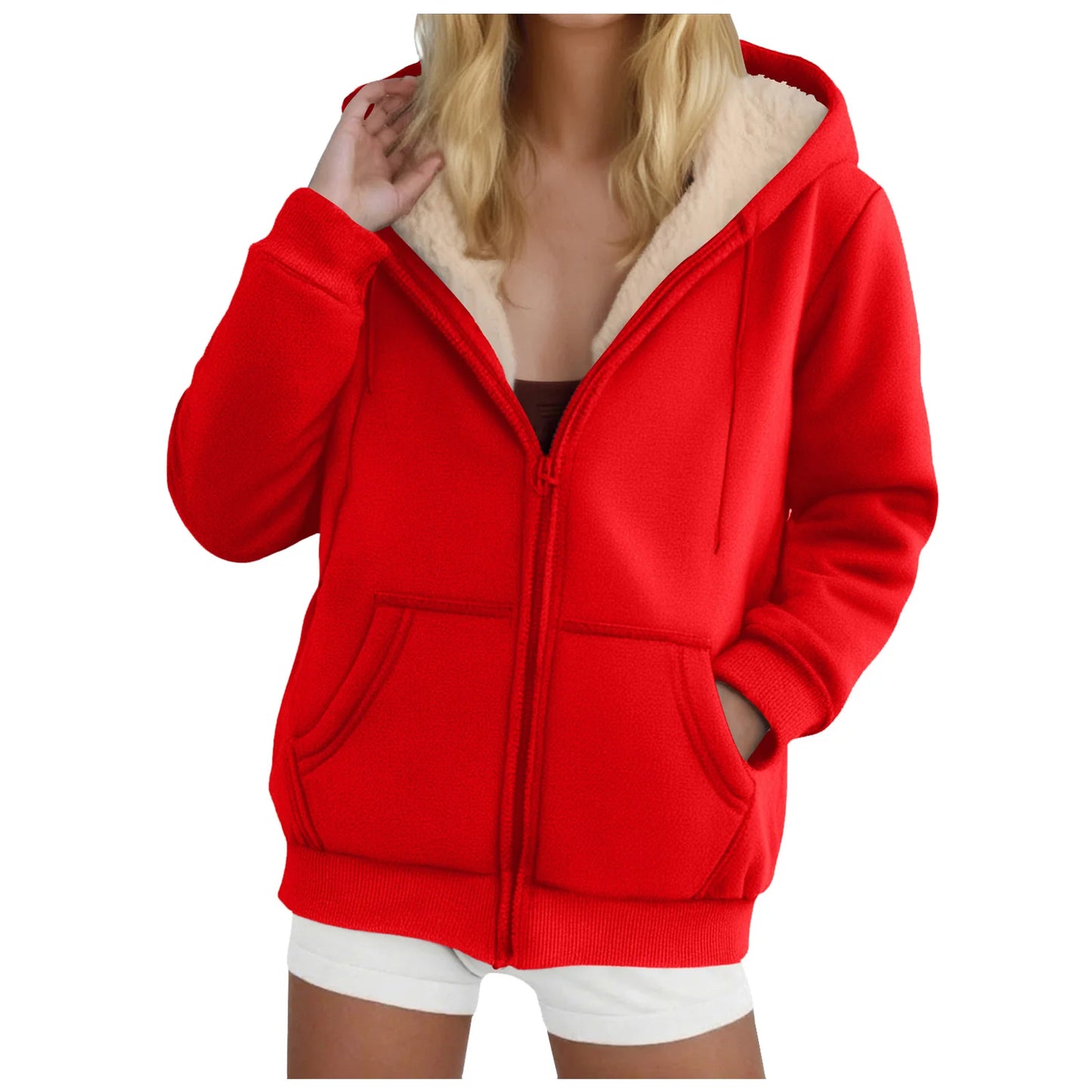 Women's Fleece-Lined Thickened Hooded Sweatshirt Solid Color Autumn Winter Thick Warm Hoodies Zipper Up Pocket Loose Jackets
