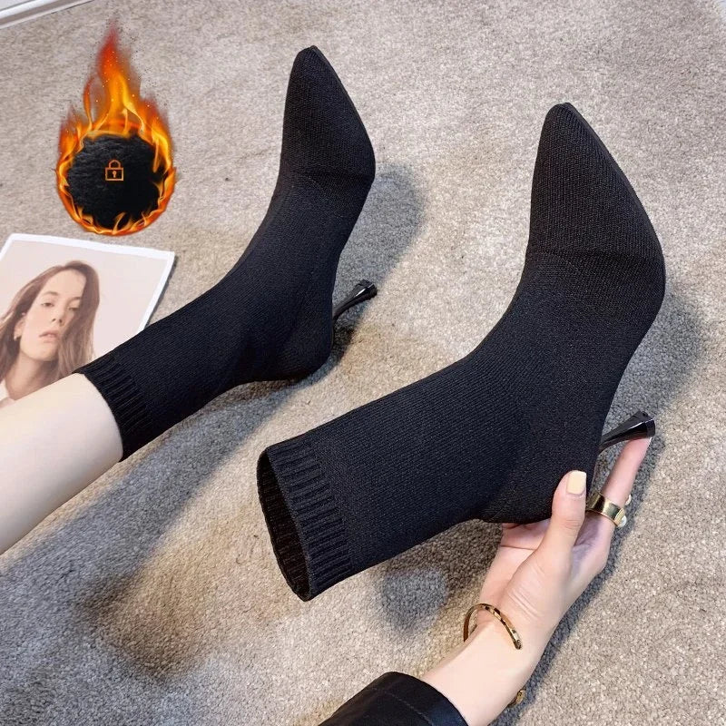 Socks Boots Women Stretch Fabric Elastic Stilettos Heel Sexy Pointed Toe Ankle Boots  Shoes Woman Thin Heels Party  shoes