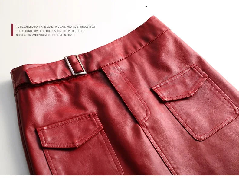 ZUZK Women  Knee Length PU Leather Skirt   Spring Autumn Solid Color Casual Straight Skirts PU Leather Skirts  3 Colors