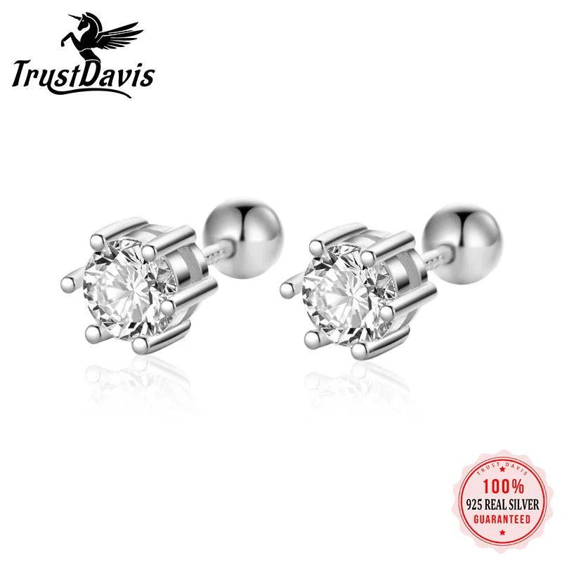 TrustDavis Real 925 Sterling Silver Six Claw Zircon CZ Screw Stud Earrings for Daughter Girls Gift Fine Jewelry DS3472