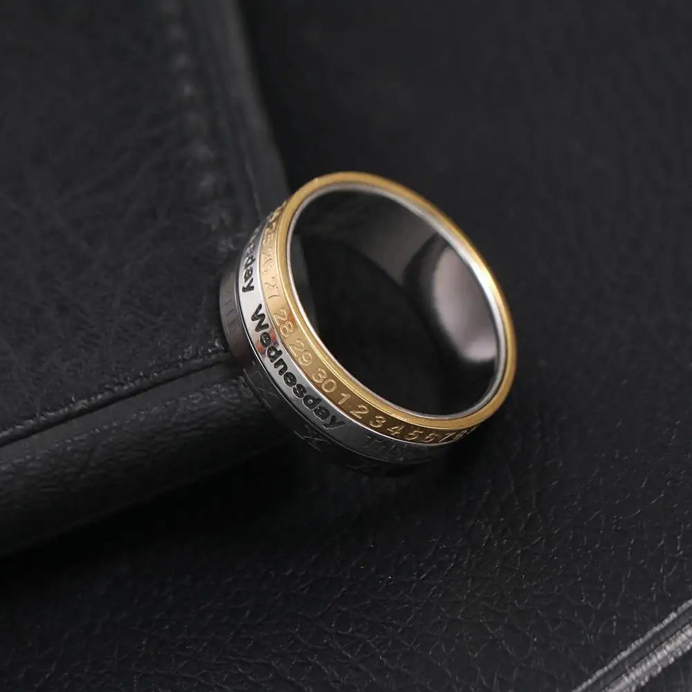Creative 3 Part Date Time Calendar Titanium Steel Cool Punk Rotatable Joint Ring Finger Ring Fashion Jewelry Men Ring