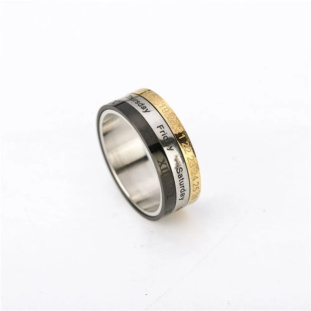 Creative 3 Part Date Time Calendar Titanium Steel Cool Punk Rotatable Joint Ring Finger Ring Fashion Jewelry Men Ring