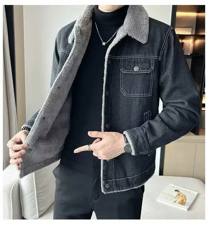 Men's Denim Jacket Winter Thickened Fleece Lined Fashionable New Arrival Hot Sale Of The Season Cotton Coat with Lamb Fur Collar