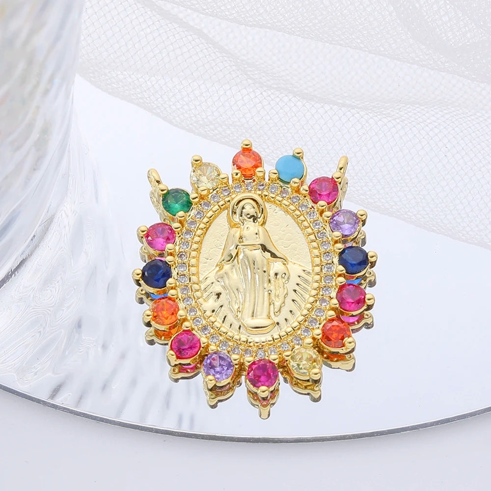 Juya 18K Real Gold Plated Religious Pendant Jewelry Making Supplies Creative Saint Mary Virgin Christian Cross Charms Supplies