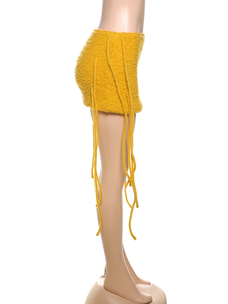Weird Puss Sexy Furry Side Tassel Skirts Women Y2K Peach Hip Summer Solid Wild Basic Hipster Streetwear Skinny Slim Mini Bottom
