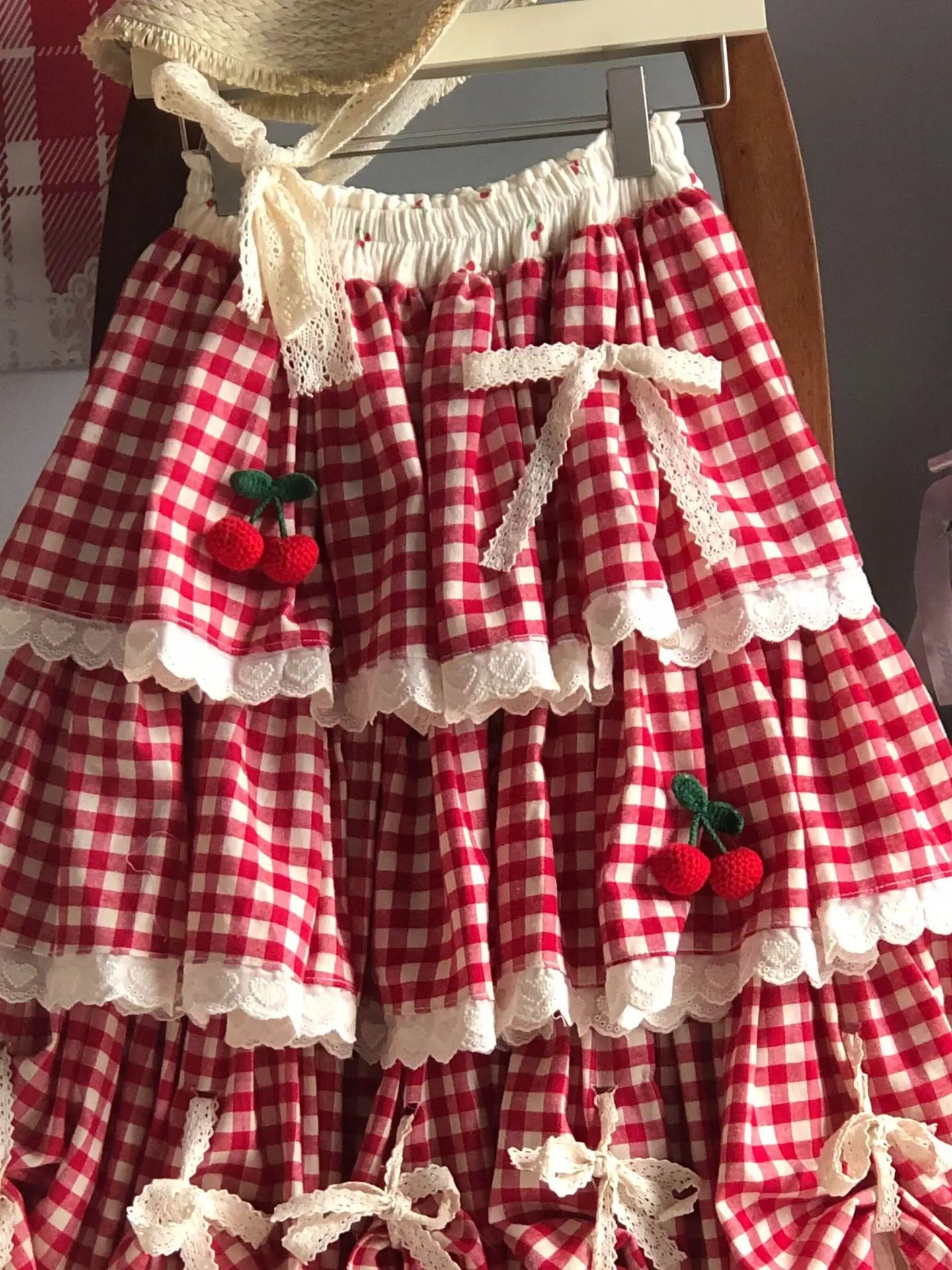 Sweet Multi-Layered Ruffle Cake Skirt Women's Autumn Winter New Cherry Design Lace Half Skirt Fresh And Cute Style Midi Skirt