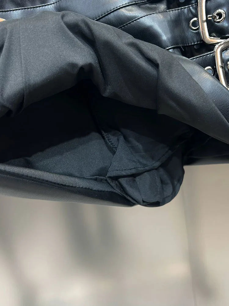 DEAT Trendy Women's Multi Belt PU Leather Mini Skirt 2024 Spring Fashion New Items High Waist Wrap Hip Skirts Female 11XX7390