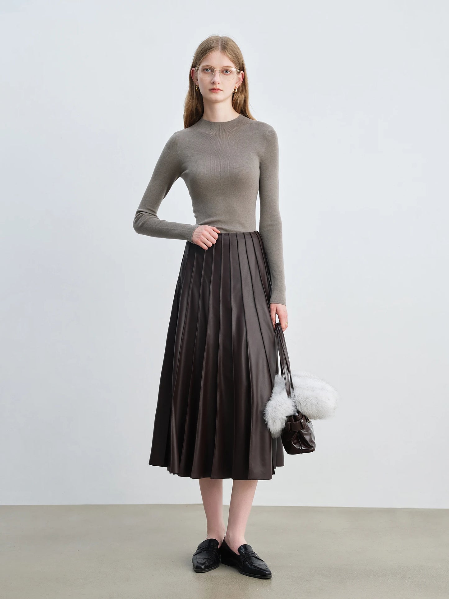 ZIQIAO Petite Women's Cherry Gloss Stylish 3D PU Leather Half Skirt 2025 New Women's A-line Pleated Umbrella Skirt 25ZQ93098