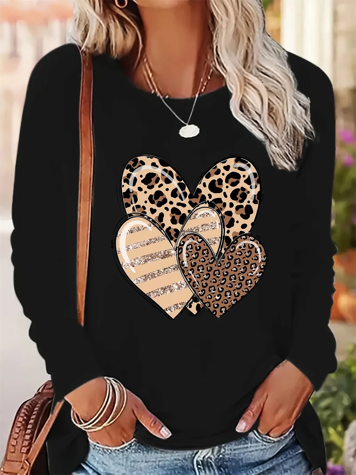 Women's Spring and Autumn 100% pure cotton fashionable casual loose heart-shaped pattern printed round neck long sleeved T-shirt