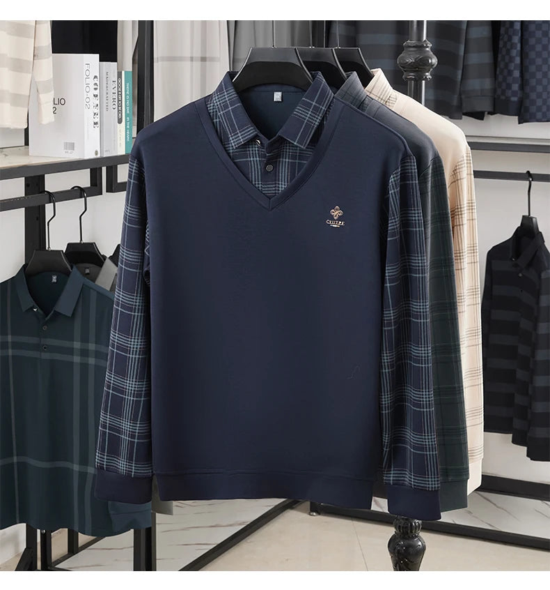 TFETTERS Long Sleeve Polo Shirt Men 2025  Autumn New Business Slim Fake Two Shirt Man Casual Loose Plaid Graphic Shirt for Men