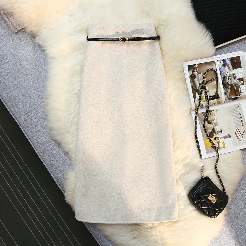 Seoulish 2024 New Autumn Winter Wrapped Woolen Midi Skirts for Women Fashion High Waist Solid Color Office Lady Straight Skirts