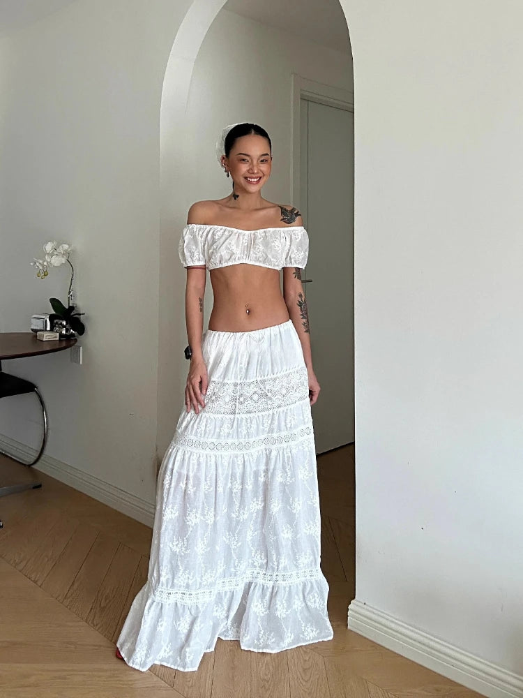 Women White Summer Outfit Botanical Garden Maxi Skirt