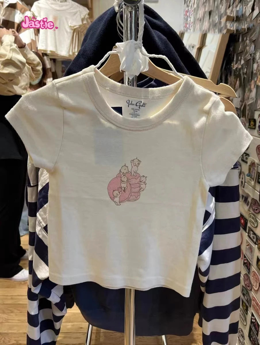 Cartoon Print Beige T-shirts Women 2024 Summer Streetwear Round Neck Short Sleeve T Shirt Female Vintage Chic Y2k Crop Top