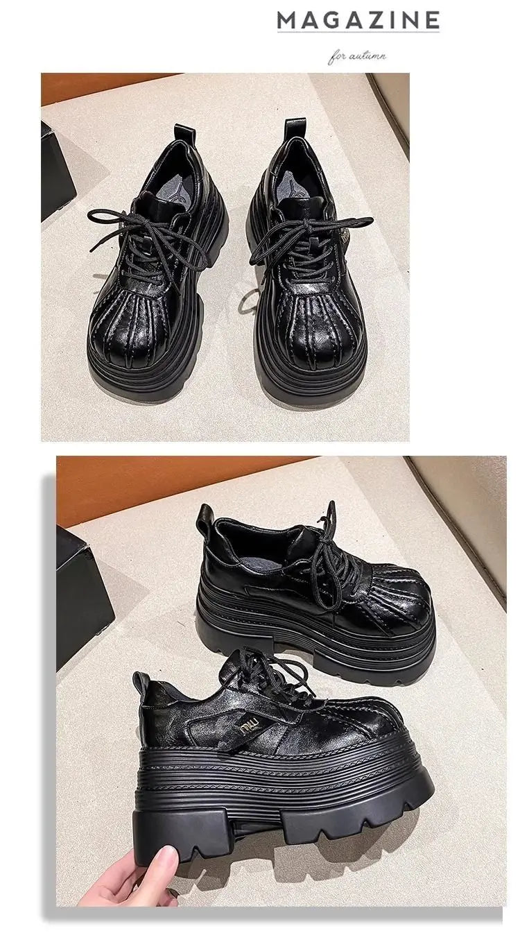 New 2025 Spring Women's Leather Sneakers High Platform Lace-up Casual Shoes Thick Sole 10CM Heels Walking Shoes