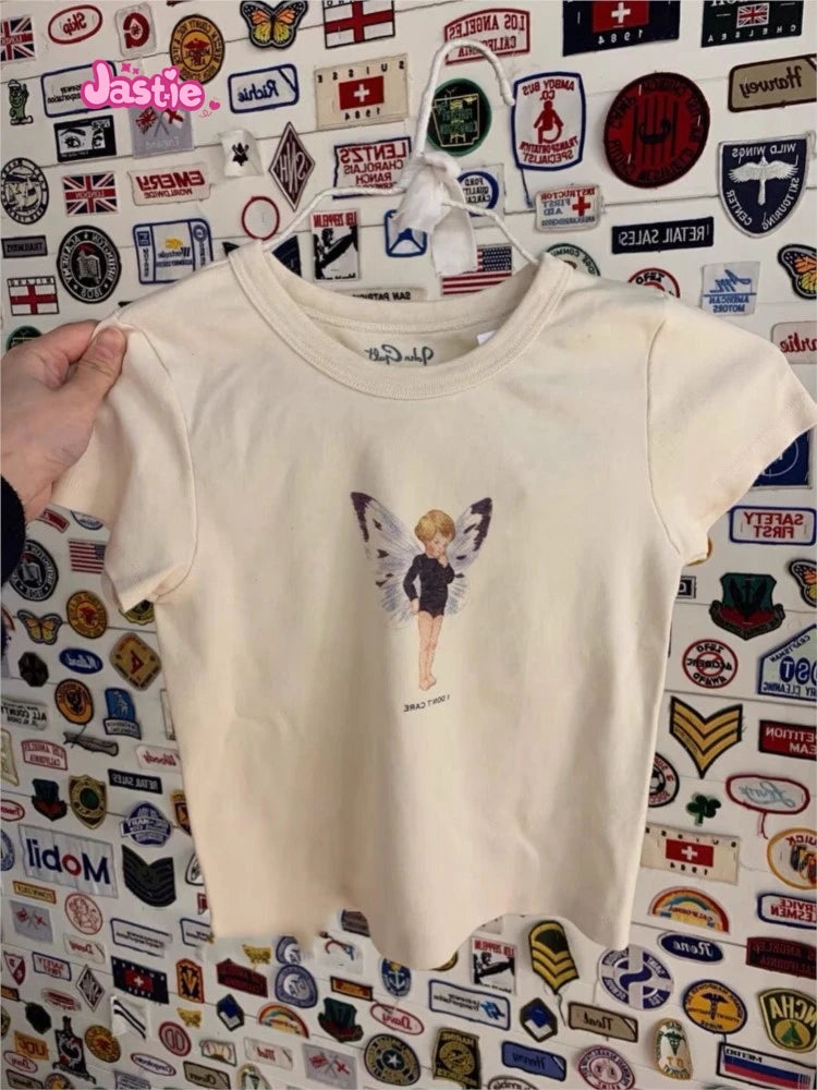 Cartoon Print Beige T-shirts Women 2024 Summer Streetwear Round Neck Short Sleeve T Shirt Female Vintage Chic Y2k Crop Top