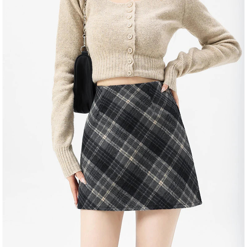 Autumn Winter Woolen Plaid Mini Skirt for Women College Casual All Match Short Skirts Woman Thicken Warm High Waist A-Line Skirt