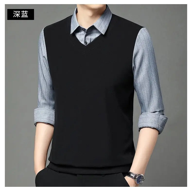 Fake Two Pieces Men Polo Shirts Turn-down Collar Striped Patchwork Business Casual Thermal Long Sleeve Comfortable Knitted Tops