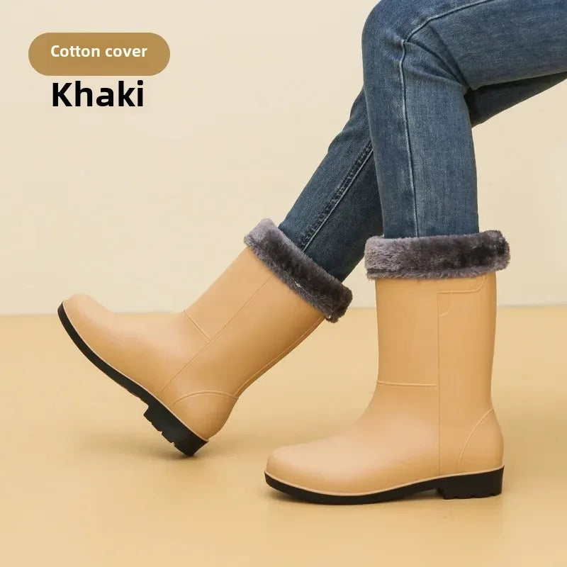 Fashionable Women's Mid-Calf Rain Boots Fleece Lined Anti-Slip Half Boots Adult Rain Shoes Wholesale From China Land
