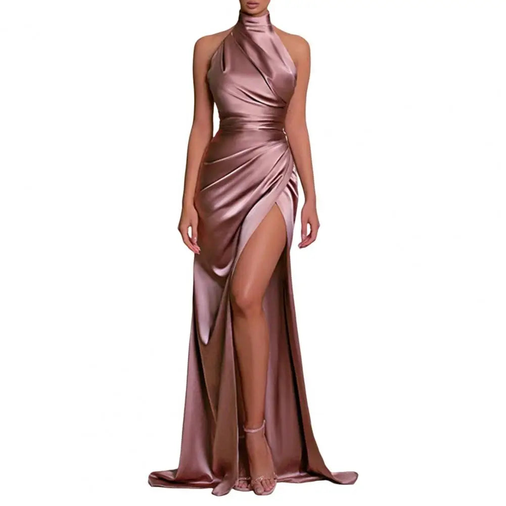 Women Party Dress Elegant Halter Neck Off Shoulder Sleeveless Ball Gown Solid Color Pleated High Slit Floor Length Satin Dress