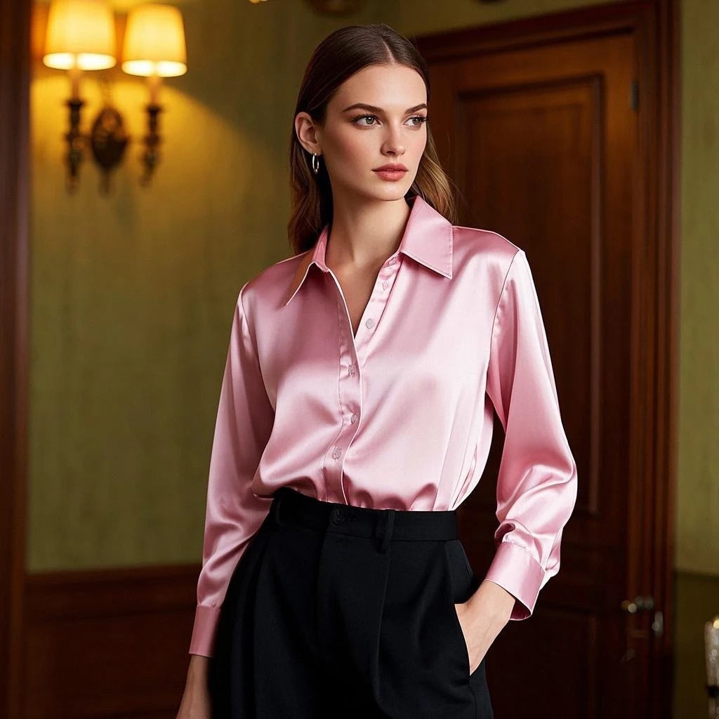 Luxury Satin Finish Shirts And Blouses For Women Clothes Casual Top OL Long Sleeve Single Breasted Elegant French Solid Blouses