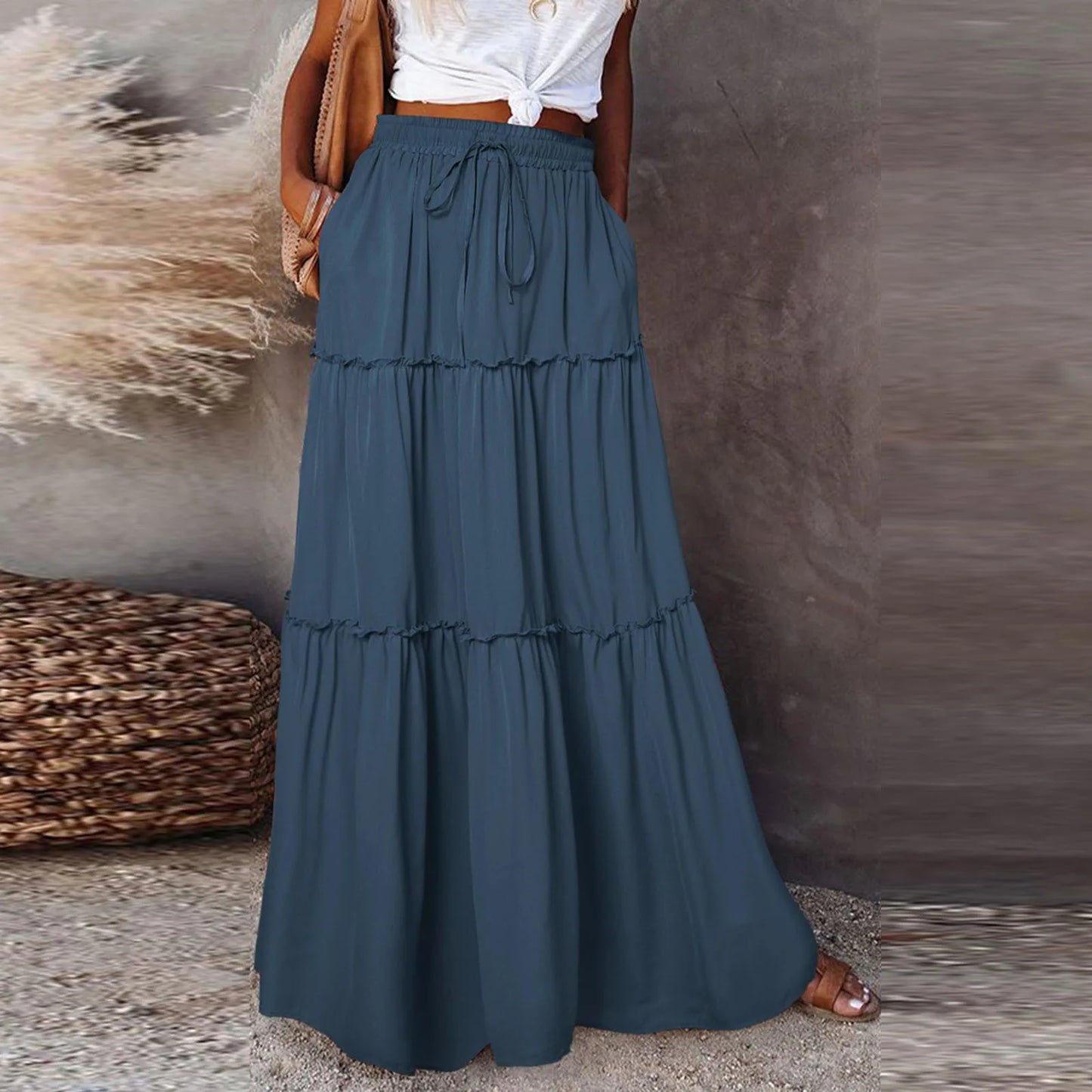 Women long skirt Fashion Solid Color Long Skirts Elastic Waist faldas Loose Casual High Waist saia Versatile Half-Body Dress