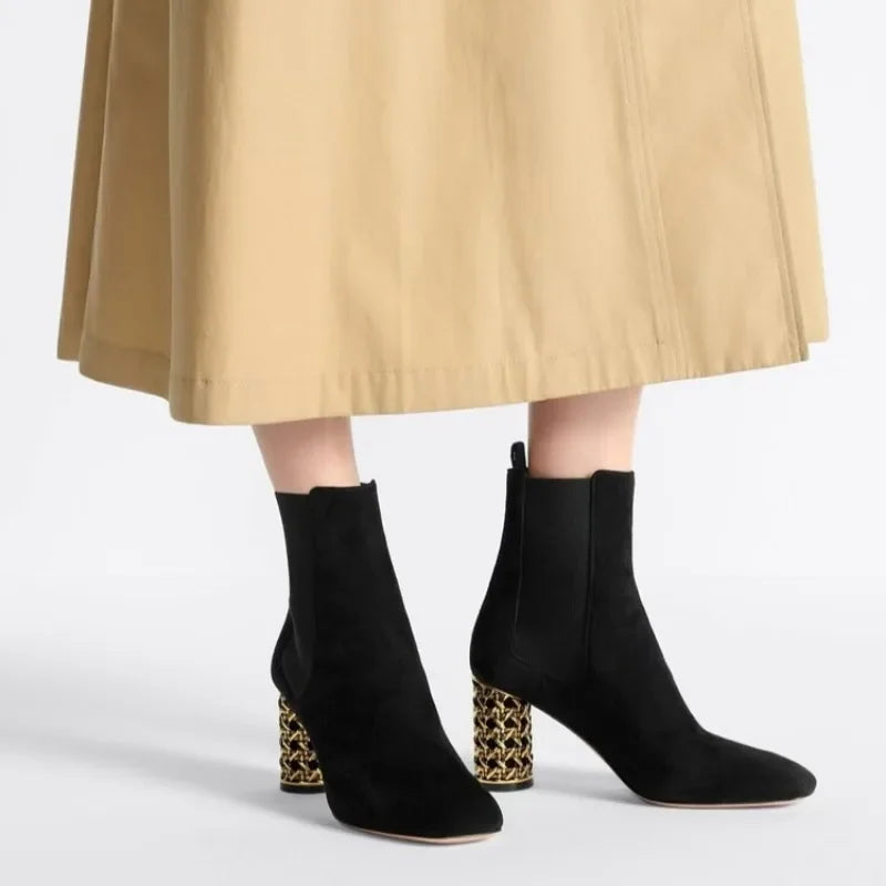 New Black Suede Personalized Hollow Out Heel Short Boots Autumn Winter Fashion Commuting Shopping Women's Ankle Boots Size 34-43