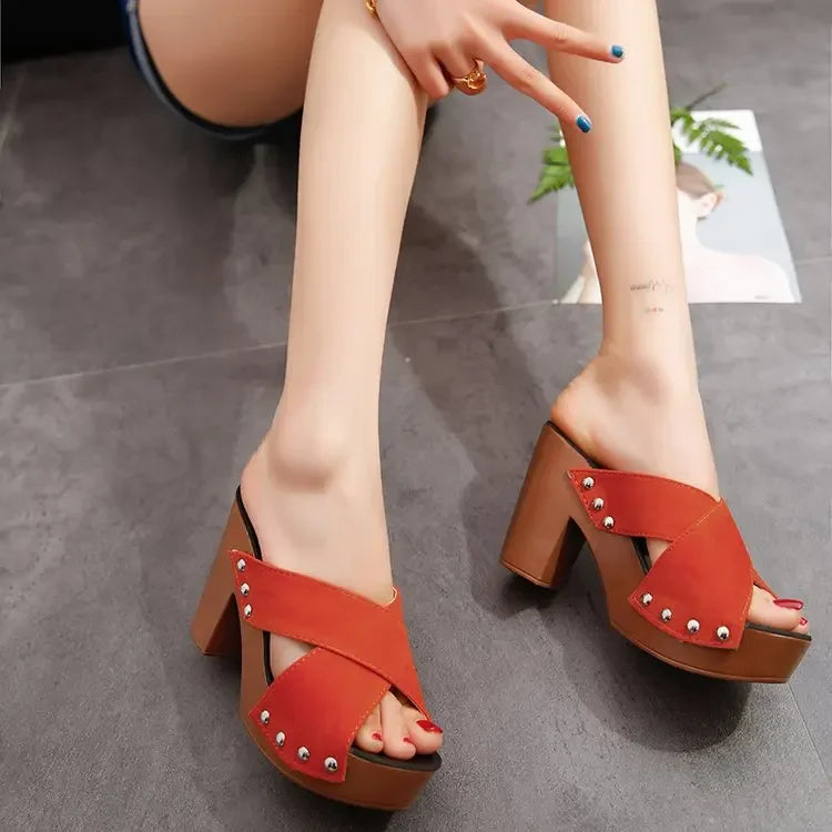 Women Sandals 2024 Summer New Square Platform Flock Casual Rivet Pumps Female Peep Toe Elegant High Heels Shoes Zapatos De Mujer