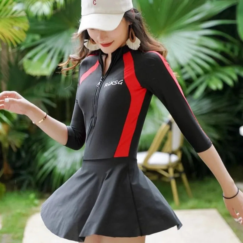 Female Swimsuit Manufacturer Korean Version Plus Size Spring Long Sleeved Jumpsuit Style Conservative Belly Covering Swimsuit