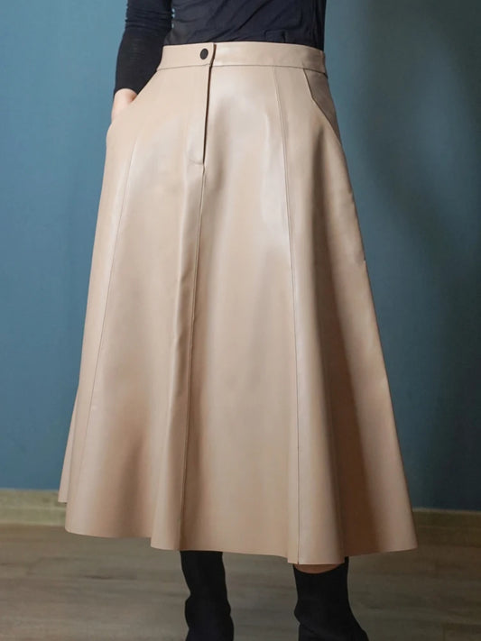Women Caramel Genuine Leather Skirt 2025 Winter Female Natural Skin A-line Simple Big Hem Pleated Long Faldas Apricot Ropa Mujer
