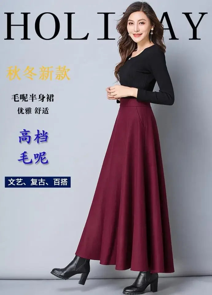 Autumn and Winter Solid Color Woolen Skirt Big Hem A- line Skirt High Waist Long Woman Skirts Mujer Faldas Saias Mulher