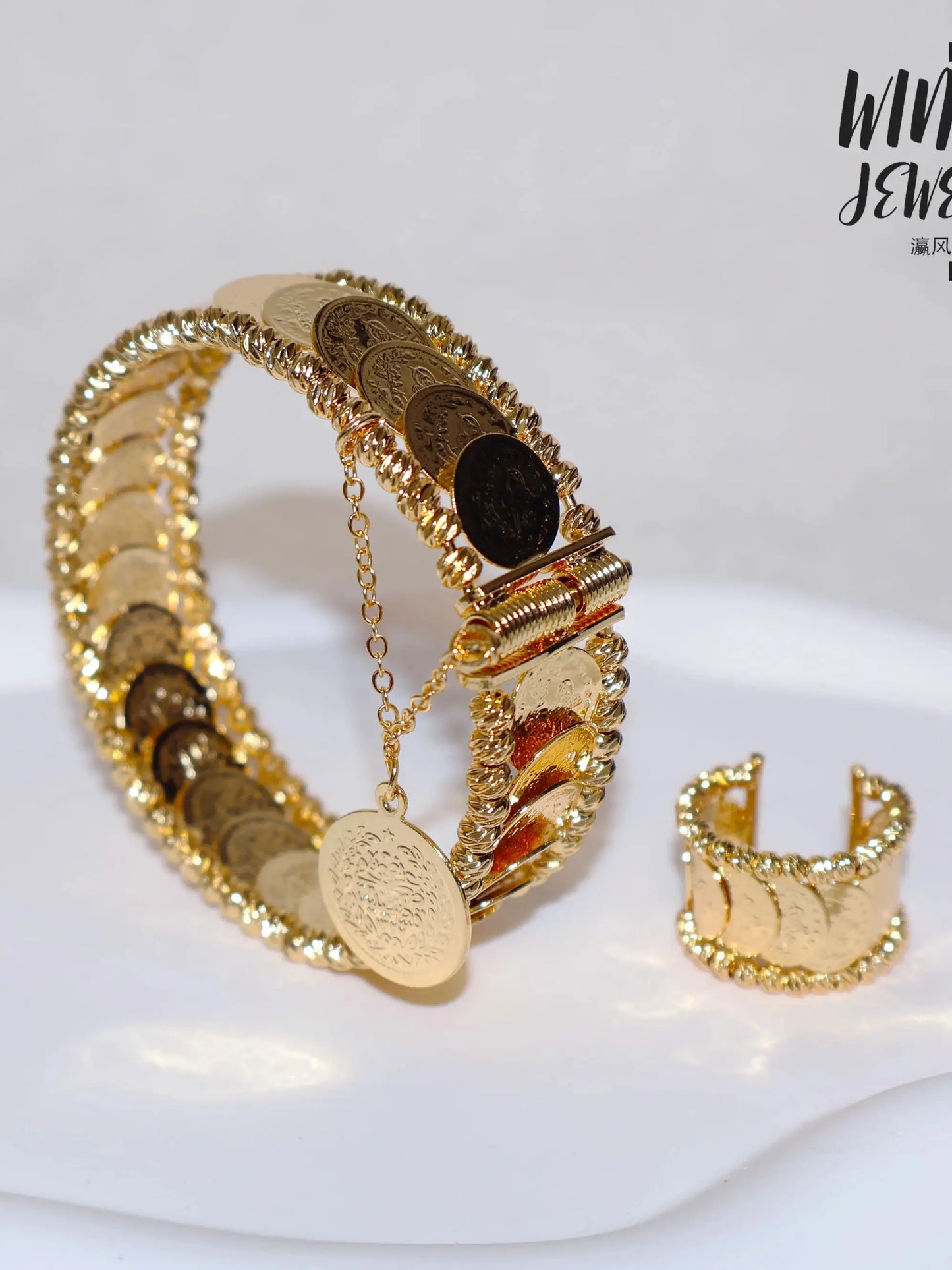 Windy Jewelry Coin Jewelry Sets 24k Gold Plated Dubai Arab Women Luxury Cuff Bangles Bridal Wedding Bracelet Rings