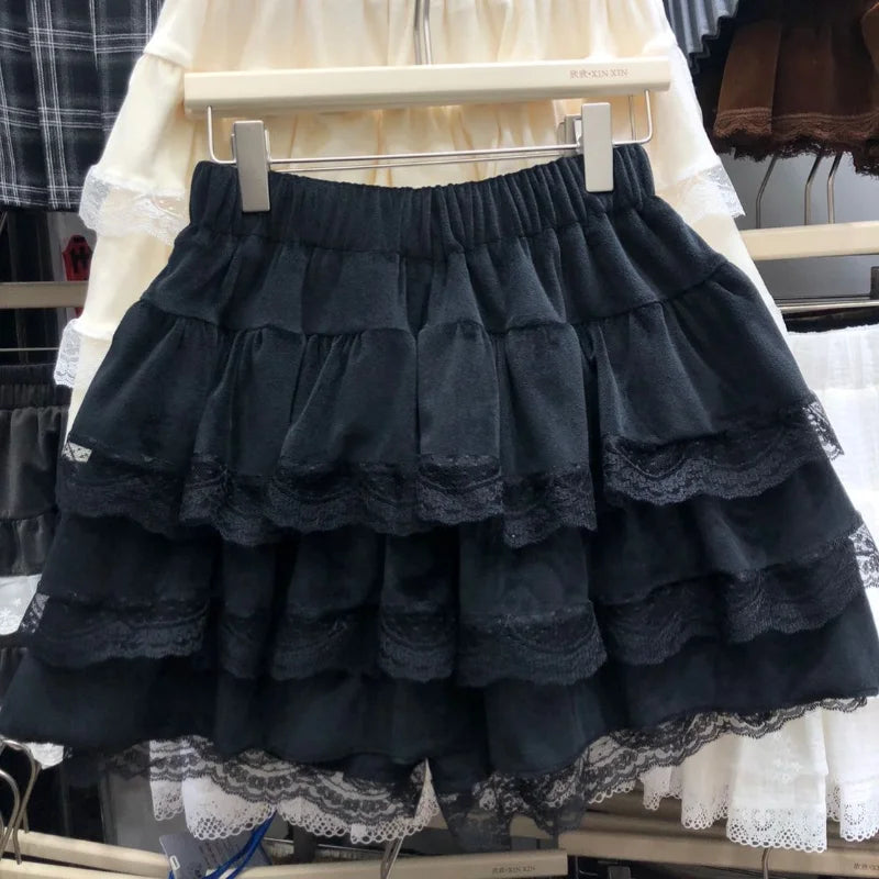 Japanese Style Kawaii Lolita Skirt Women Autumn Winter Sweet Lace Mini Cake Skirt Female Korea Princess Cute Party Skirt Shorts