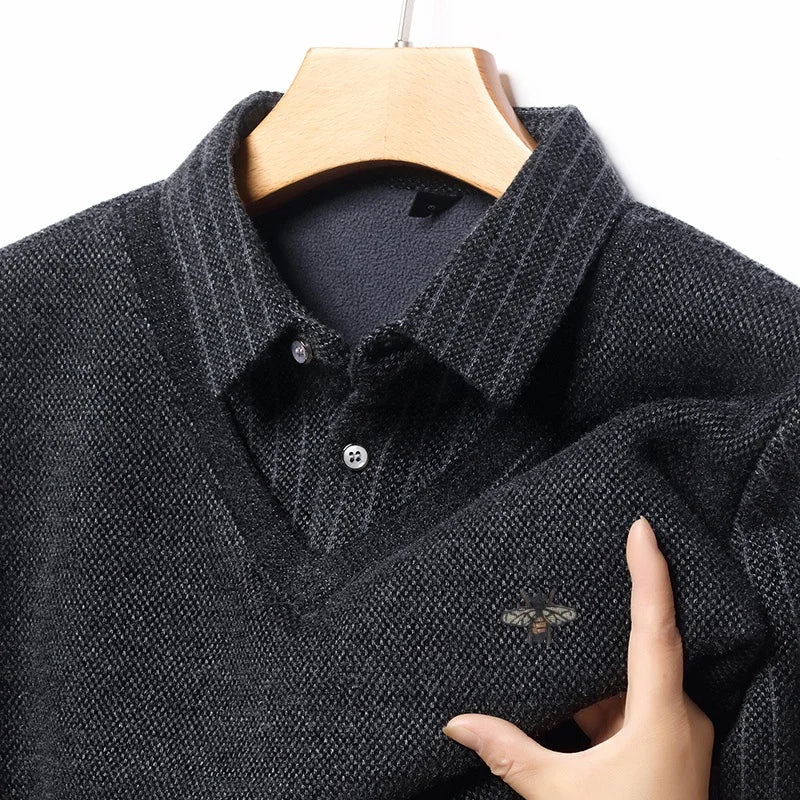 Designer Quality Men's Lapel Fake Two-Piece Long Sleeve T-Shirt Winter New Bee Print Plush Thickening Sweater Business Menswear
