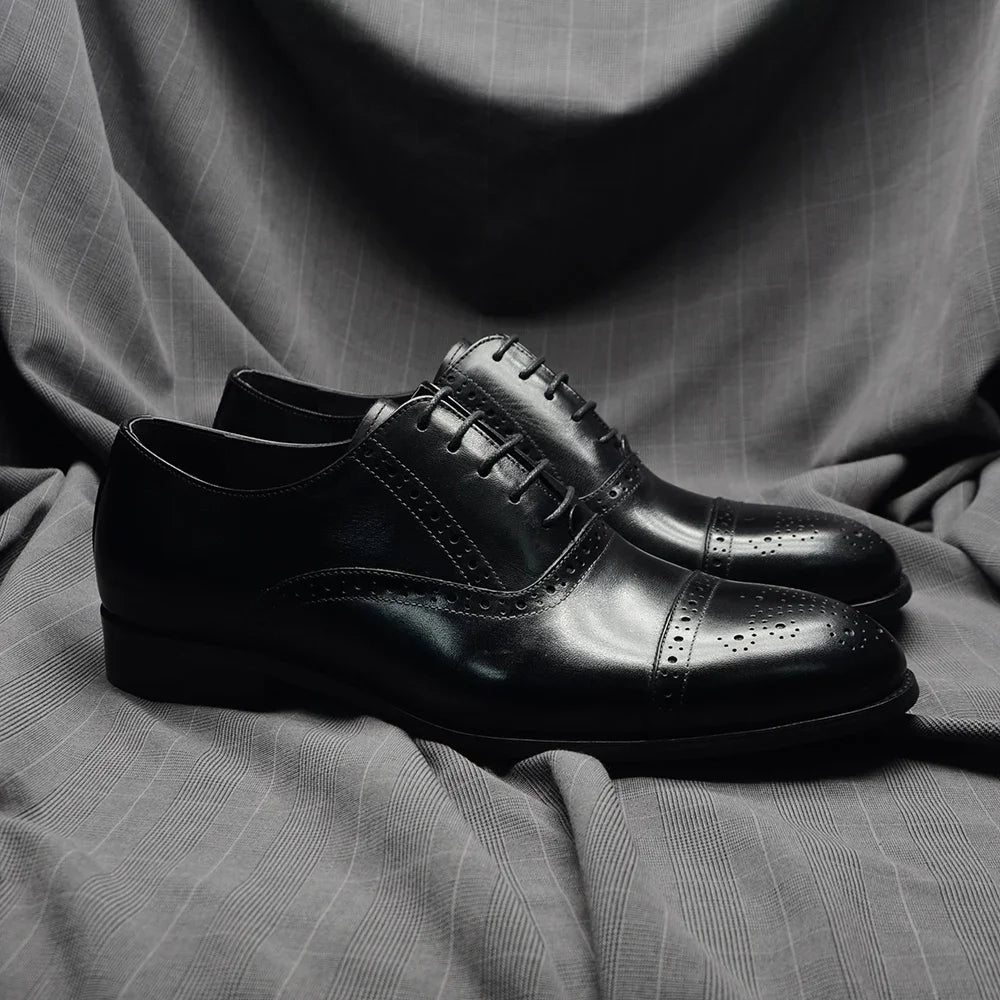 Italian Mens Dress Shoes Genuine Leather Cap Toe Oxfords Lace-up Black Brown Wedding Business Office Brogue Formal Shoes for Men