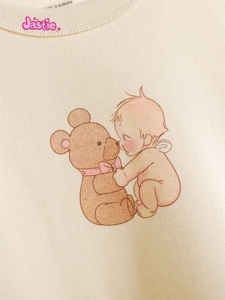 Cartoon Print Beige T-shirts Women 2024 Summer Streetwear Round Neck Short Sleeve T Shirt Female Vintage Chic Y2k Crop Top