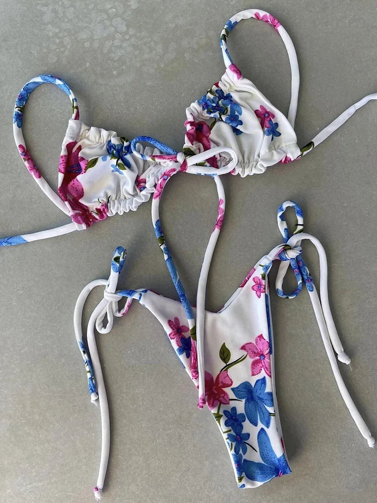 Sexy Printed Ruffled Frilled Thong Bikini Women Swimwear Female Swimsuit Two Pieces Bikini set Micro String Bathing Suit Swim