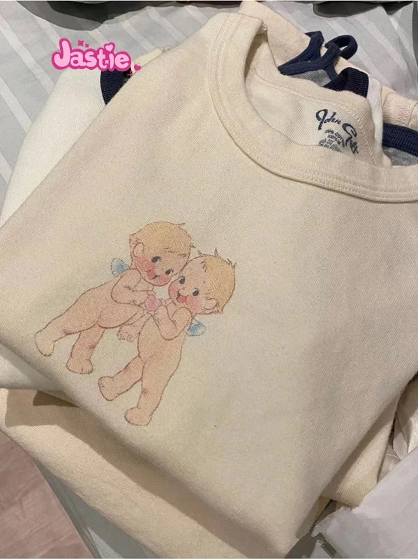 Cartoon Print Beige T-shirts Women 2024 Summer Streetwear Round Neck Short Sleeve T Shirt Female Vintage Chic Y2k Crop Top