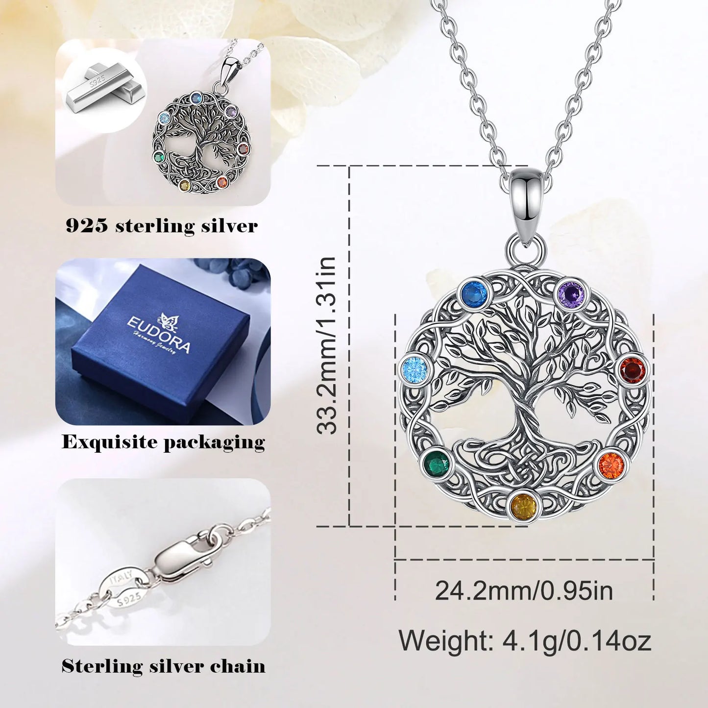 Eudora Original 925 Sterling Silver Tree of Life Necklace for Women Man 7 Color Chakra Pendant Tree Jewelry Mom Grandma Gifts