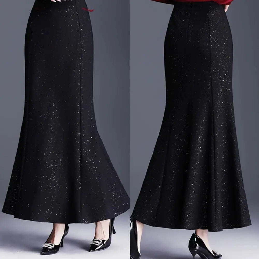 Spring  Autumn Fashionable Shiny Silk Fishtail Skirt High Waist New Skirt Mid-length Skirt Women