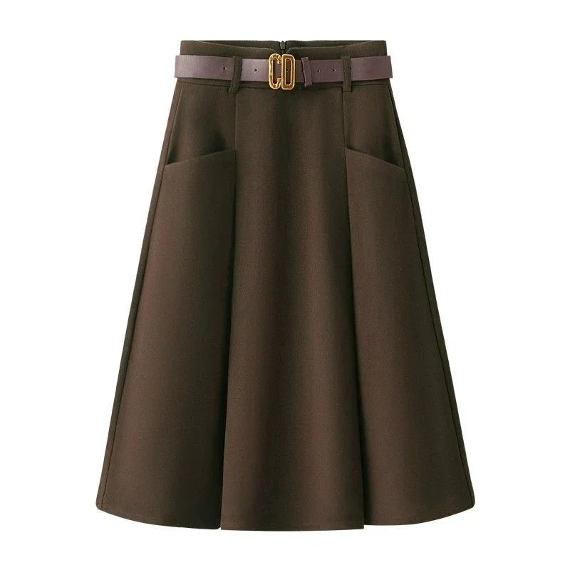 New Spring Autumn Fashion Skirt Women Elegant High Waist Solid Color A-line Casual Midi Skirts Office Lady Women's Clothing