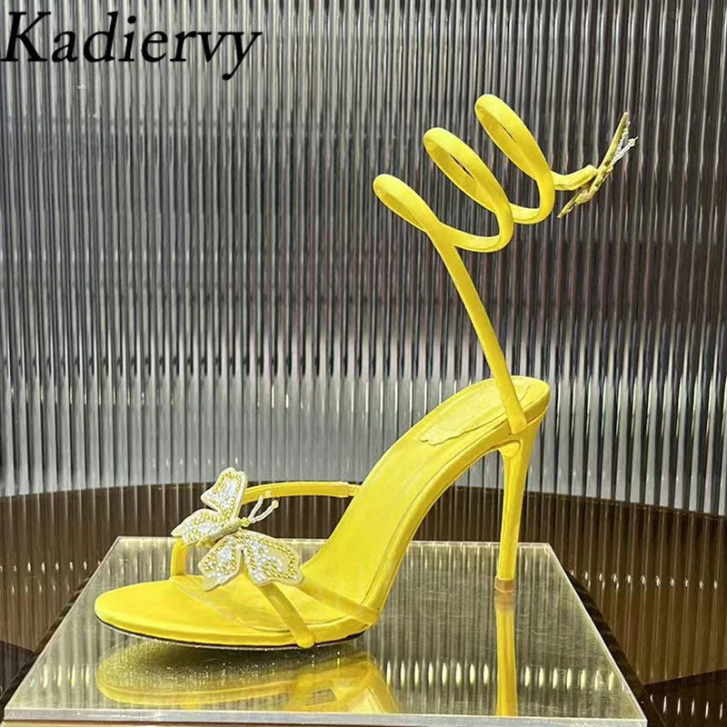 Summer High Heels Sandals Woman Butterfly-knot Rhinestone Snake Twine Around Ankle Strap Wedding Shoes Thin Heels Sandals Women